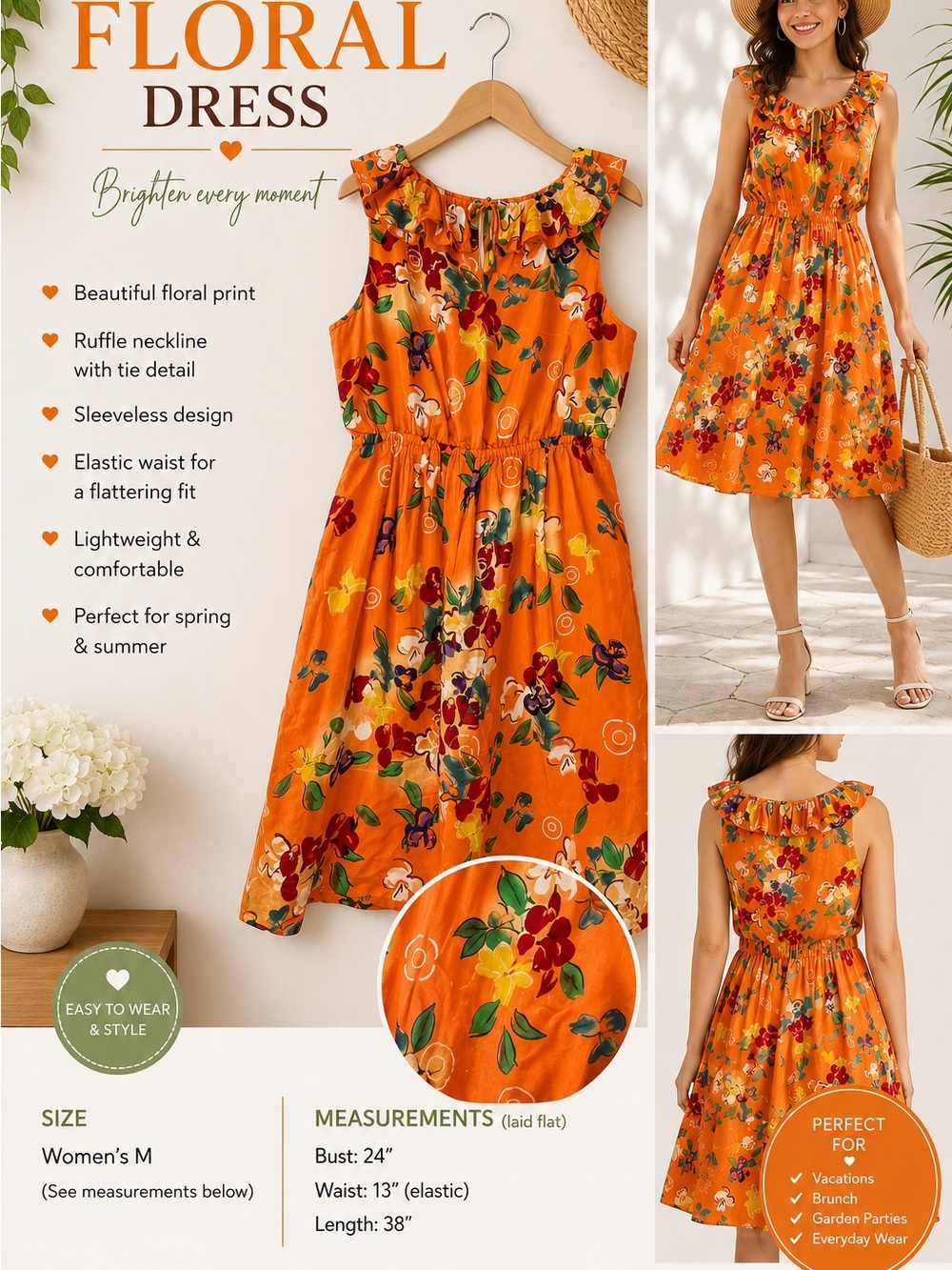 100% Silk ECI Orange Floral Ruffle Neck Midi Dress